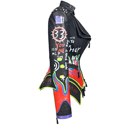 Women's Faux Leather Textured Hand Painted Graffiti Studded Rivet Moto Lady Fit Jacket Zip-up Slim PU Biker Coat4