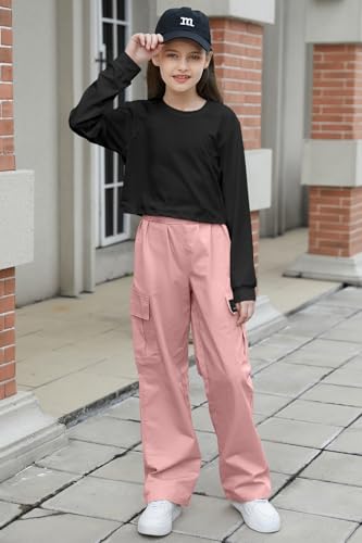 Image of Betusline Girl's 2 Piece Outfits, Cute Girls Fall Clothing Sets Cargo Pants + T-Shirt Top, 4T-14 Years