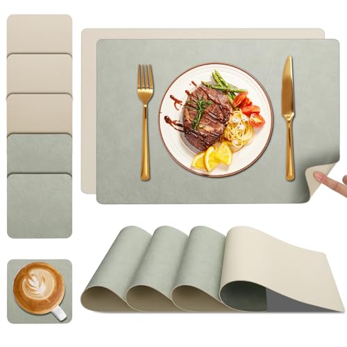 Set de Table et Dessous de Verre YIHELU, Sets de Table Lot de 6 Lavable Double Face Bicolore en Simili-Cuir, Set Table Antidérapants Faciles à Nettoyer