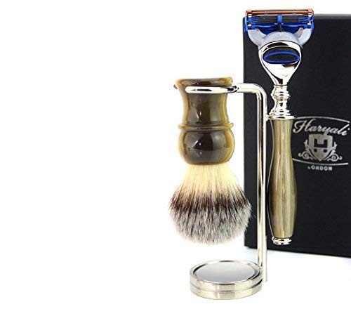 Horn Replica Vintage Style Shaving Gift Set for Men || Synthetic Hair Brush Horn Handle,5 Edge Compatible Razor with Horn Handle & Stainless Steel Stand/Holder