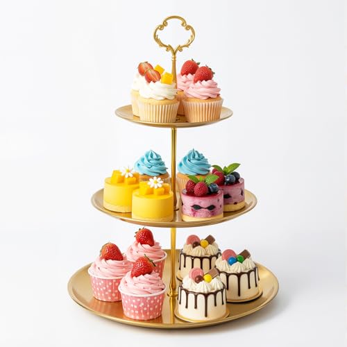 LKTKJDS gold cupcake stand, 3-Tier Stainless Steel, Detachable, 4 Foot Pads
