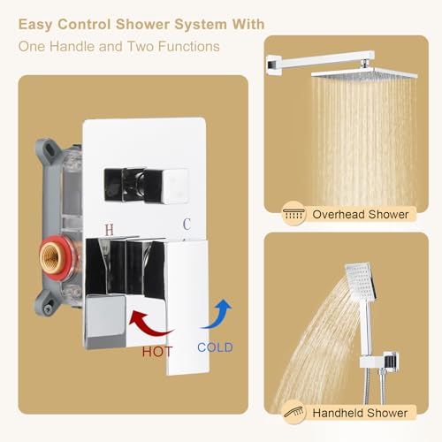 Set de grifería de ducha BWE con rociador de lluvia y ducha manual | Funciones duales, incluye válvula y kit de instalación, montaje en pared, diseño minimalista cuadrado moderno miniatura 3