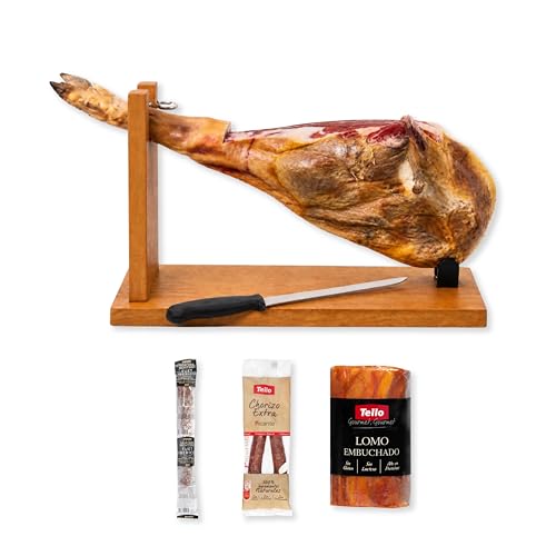 Jamón Serrano Gran Reserva Montevalle 8 Kg 20 Meses Curado Tradicional Pack Gourmet Con Chorizo, Fuet Ibérico Y Lomo Cuchillo Y Jamonero Incluidos