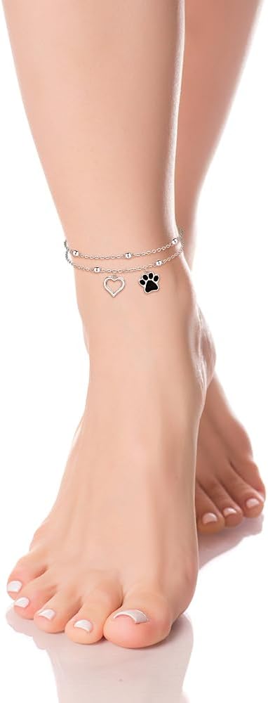 Ankle Bracelets for Women S925 Sterling Silver Heart Anklets Beaded Dog Paw Anklets Layered Jewelry Gifts - Image 6