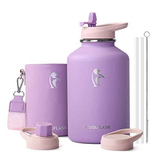 Coolflask 2L Bottiglia d'acqua Isolata con Custodia in Pelle PU, Bottiglia d'acqua in Acciaio Inox con Coperchi a Cannuccia, Bottiglia d'acqua in Metallo, Mantiene Freddo 48h Caldo 24h, Viola lilla