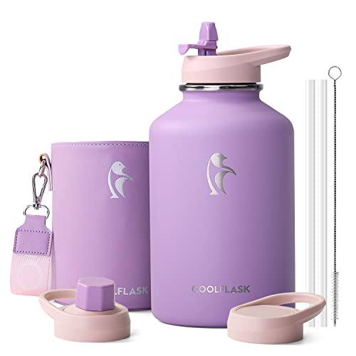 Coolflask Botella de Agua 2L Aislada con Funda de Cuero PU, Botella de Agua de Acero Inoxidable con Tapa de Pajita, Mantiene el Frío 48h Caliente 24h, Violeta lila