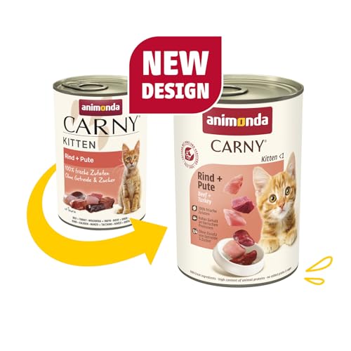 animonda Carny Katzen Nassfutter Kitten Rind + Pute (12 x 400g), Kitten getreidefreies Katzennassfutter ohne Zucker für wachsende Kätzchen bis 1 Jahr, mit frischen Zutaten