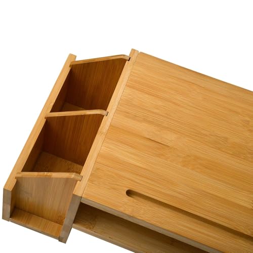 Image of Wooden Monitor Stand Riser with Storage Compartment and Lockable Storage Drawer Stand | Adjustable Desktop Organizer for Computer, Flax, Laptop & Printer (Wooden Monitor Stand)