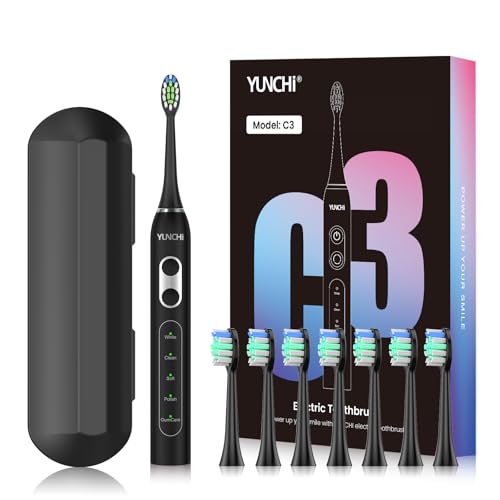 YUNCHI Cepillos de dientes eléctricos C3 para adultos, 8 cabezales de cepillo y estuche de viaje, 4 horas de carga dura hasta 30 días, cepillo de dientes sónico con 5 modos y temporizador inteligente