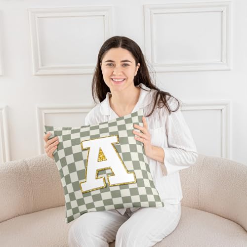 Image of Erosebridal Sage Green Checkered Throw Pillow Covers 22x22 Set of 2 Plaid Initial A Pillow Covers Personalized Monogram Cushion Cover Fashion Grids Gingham Pillow Cases for Couch Sofa