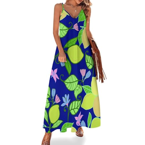 Robe longue sans manches à motif citrons feuilles pour l'été et la plage