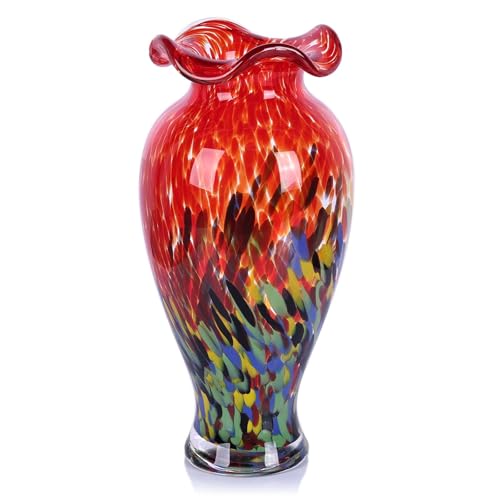 12.2H Murano Hand Blown Glass Vase Ruffled Scalloped Rim Wide Mouth Colorful Decorative Flower Vase Large Glass Centerpiece for Living Room Bathroom Office Bookshelf Entryway Mantel Decor (Red)