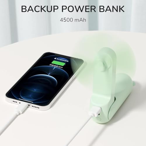 JISULIFE Handventilator Mini Ventilator 3 IN 1, mit 4500 mAh Powerbank USB Akku Klein, Batteriebetrieben Max 37Hrs Runtime Tragbarer Ventilator, Taschenlampen Funktion-Grün 3