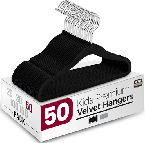 Image of Utopia Home Kids Velvet Hangers 50 Pack – 11 Inch Non-Slip Baby Hangers for Baby and Toddlers, Durable Ultra-Slim Space-Saving Closet Organizers (Black)