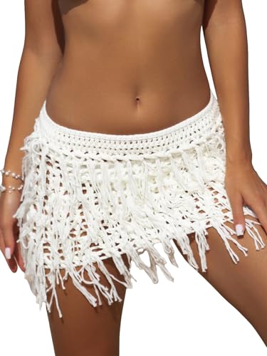 Floerns Women's Solid Hollow Out Fringe Hem Crochet Swim Beach Cover Up Skirt