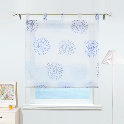 ESLIR Store bateau avec passants - Rideau transparent - Motif cercles - Voile moderne - Bleu - 120 x 140 cm