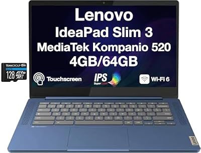 Lenovo IdeaPad Slim 3 Chromebook 14" IPS FHD Touchscreen Display, MediaTek Kompanio 520 Processor, 4GB RAM, 192GB Storage (64GB SSD + 128GB Micro SD Card), WiFi 6, Bluetooth 5.1, USB-C, Chrome OS