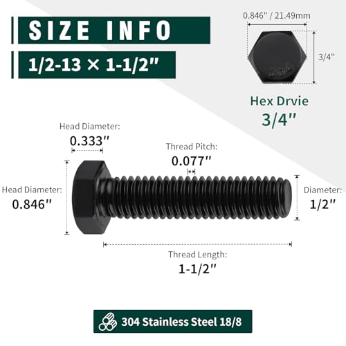 Image of 1 /2-13 x 1-1 /2 inch Hex Head Bolts Black, 304 Stainless Steel 18-8 Hexagon Head Screws Bolts, Black Oxide Finish, Allen Hex Drive, 6 PCS