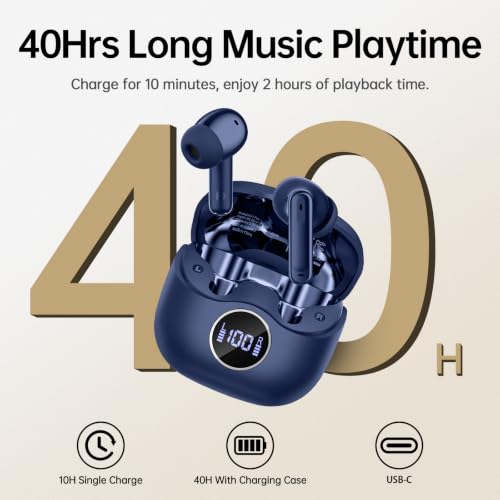 Image of xinwld Adaptive Hybrid Active Noise Canceling 2026 Wireless Earbuds, 6 Mics ENC Clear Call Ear Buds, Hi-Res Audio Deep Bass Bluetooth 5.4 Headphones, 40H, LED, for Sports Running Gym Workout, Blue