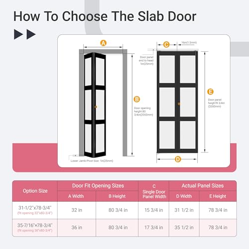 WINKLUCK 32"x80" Bifold Doors, 3-Lite Tempered Frosted Glass Folding Door for Bedroom Closet Cloakroom Solid MDF Doors Coverd with Black PVC Waterproof Surface Multifold Interior Door w/Hardware Kits - Thumbnail 2