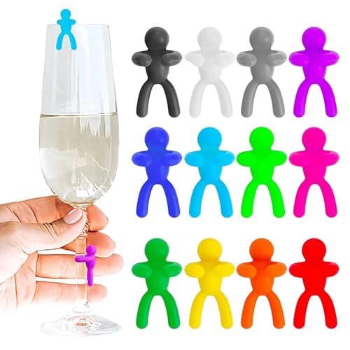 Segnalibri per bevande divertenti | Confezione da 12 segnabicchieri piccoli a forma di omino per bicchieri | Nuovi identificatori di bicchieri in silicone riutilizzabili per bicchieri, tazze, flute di