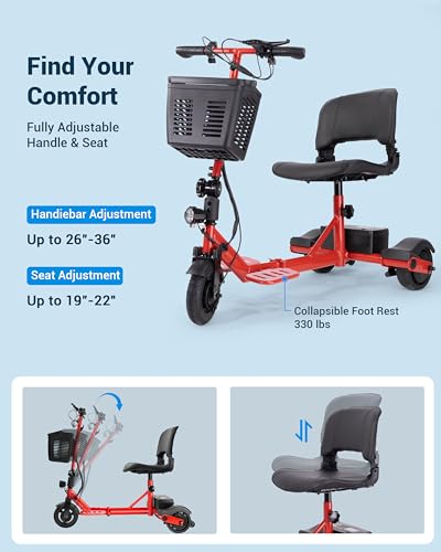 Image of 3 Wheel Electric Scooter for Adults - Powered Mobility Scooter Foldable, Portable, Travel Friendly, 330 LB Capacity Scooter for Seniors,15 Mile Range, Adjustable Seat, Handle & Headlight, Red
