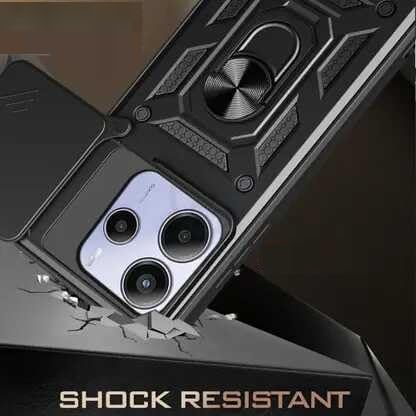 Image of SPAZY CASE Redmi Note 14 SE 5G Back Cover | Heavy Duty Hybrid Case with 360 Degree Rotating Finger Ring Holder + Slider Shutter Camera Protection Case for Redmi Note 14 SE 5G - Black