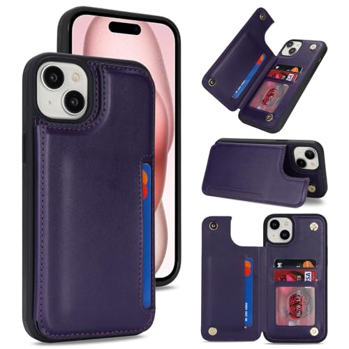 Coque cuir iPhone 15 iCoverCase violette haute finition avec rabat de protection intégral