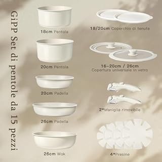 Gipp Set Di Padelle E Pentole Con Rivestimento Antiaderente - Set Di 15 Pezzi Con Manici Rimovibili, Senza Sostanze Tossiche, Adatto Per Induzione, Forno E Lavastoviglie