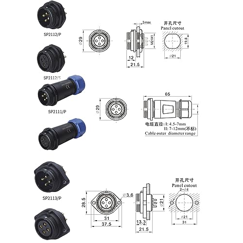 ZBLZGP WEIPU SP21 conector de aviação de 5 pinos à prova d'água IP68 montagem em painel 21 mm soque