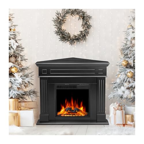 43.31 Inch Corner Fireplace TV Stand with Mantel - Electric Fireplace Heater, Wooden Entertainment Center, Adjustable LED Flame, Freestanding (750W/1500W),Corner Black