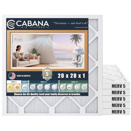 Cabana Filters 6-Pack 20x20x1 MERV 5 AC Furnace Air Filter Pleated Filters Indoor HVAC System Filtration Replacements - Captures Unwanted Particles