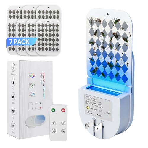 Fruit Fly Traps for Indoors, Plug in Fly Trap Indoor, 900 Sq Ft Protection Area, 6 Color Light Indoor House Bug Catcher with RC for Flying Insects Gnats Fruit Flies (1 Device+7 Refills)