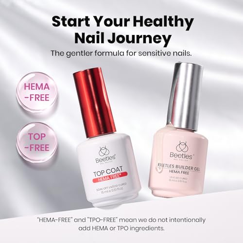 Image of Beetles HEMA-Free 15ml Gel Top Coat and Builder Gel for Nails with Nail Brush, Low Heat Hypoallergenic Clear 8 in 1 Builder High Shine Long Lasting No Wipe Top Coat Nail Polish