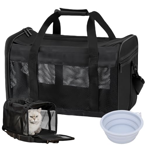 PRITOK Transportbox Katze Hund Katzentransportbox: 42 x 27 x 28 cm Katzen Transportboxen Faltbar mit Hundenapf, Tragbar Hundetransportbox, Transportbox für Haustiere (Schwarz)