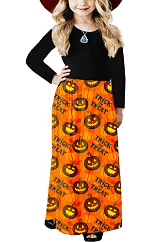 Image of Kids Girl Halloween Pumpkin Dress Party Funny Long Sleeve Jack O Lantern Orange Dresses 9-10 Years