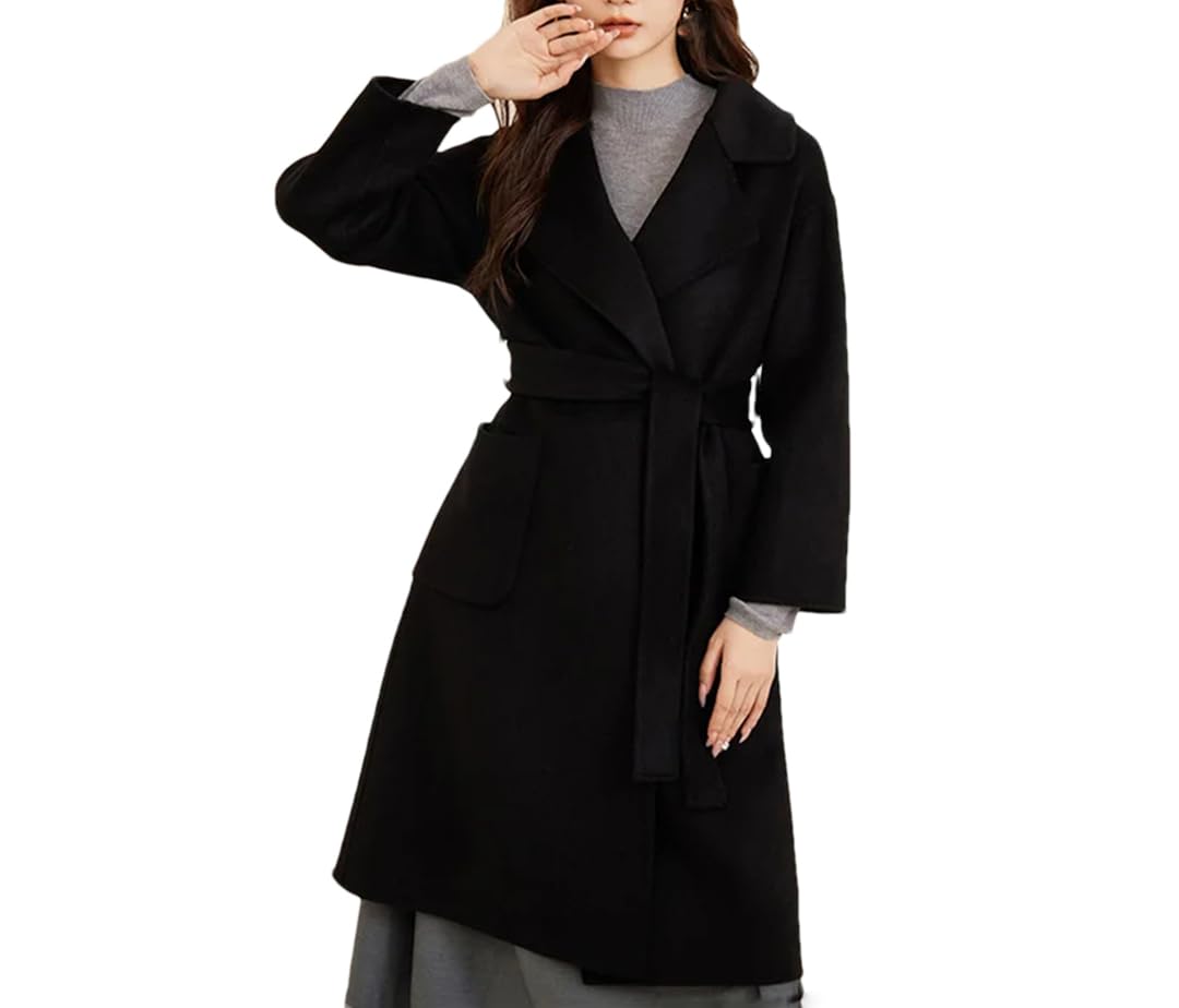 Hdhdeueh Abrigos largos de lana para mujer con cinturón, abrigo de lana sólida de doble cara, gabardina de invierno con solapa