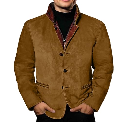 Men's Retro Faux Leather Suede Jacket Distressed Wrinkled Notch Lapel Buttons Zipper Stylish Top Shirt with Pockets