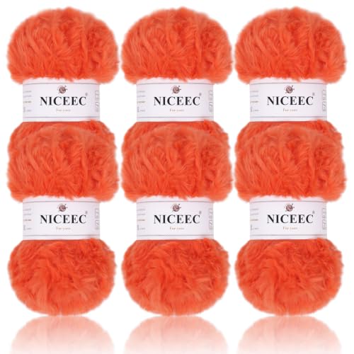 Image of NICEEC 6 Skeins Soft Faux Fur Yarn 210yds /10.6oz- S46#Tangerine | Crochet & Knit, DIY Project Starter Kit,Handbag,Sun Hat,Shoes, Shopper Bag