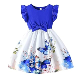 Bow Flower Print Knit Dress for Girls Ruffle Sleeve Flowy Pleated Wedding Birthday Party Dresses Toddler Kids Cute Skirt Purple Formal Dress forLittle White Toddler(Blue, 2-3 Years)