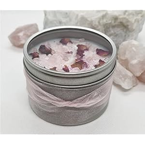 Duftkerze Rose mit Rosenquarz Edelsteinen und echten Rosenblüten aus 100% natürlichem Sojawachs