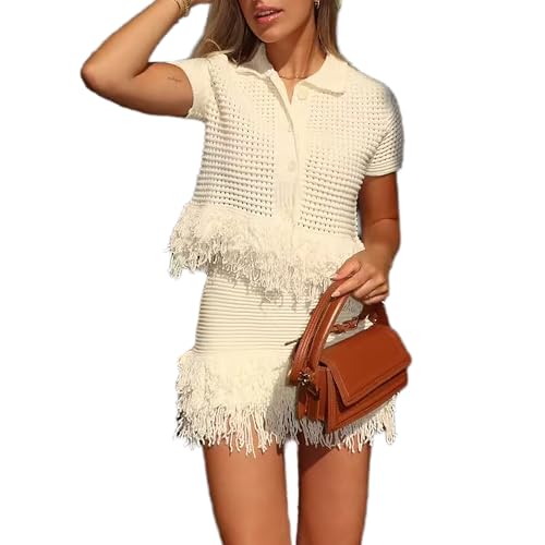 RISCUYY 2 Piece Skirt Sets for Women Short Sleeve Crochet