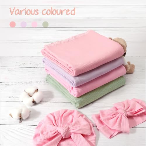 Image of DRESHOW BQUBO Baby Girl Newborn Receiving Blankets with Bow Hat Headband Wooden Birth Announcement Card Set Newborn Baby Swaddle Wrap Set Warm Shower Gift