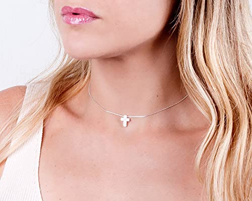 White Opal Cross On Thin Sterling Silver Choker Necklace - Designer Handmade Collar - Length: 13.5 Inch + 3 Inch Extender #TOP5