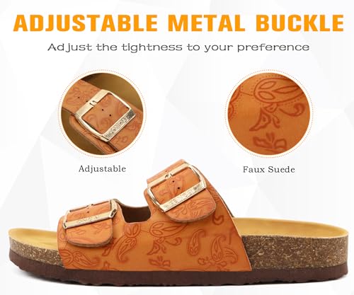 Image of ONCAI Womens Flat Slide Sandals with Arch Support 2 Strap Adjustable Buckle Slip on Slides Shoes Non Slip Rubber Sole