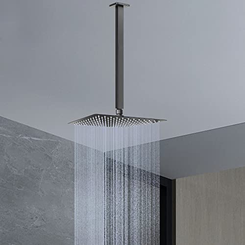 Image of Ceiling Mounted Shower Arm, Rain Shower Square Extension Arm with Flange and Teflon Tape Stainless Steel Ceiling Mount Shower Extender (16 Inch, Matte Black)