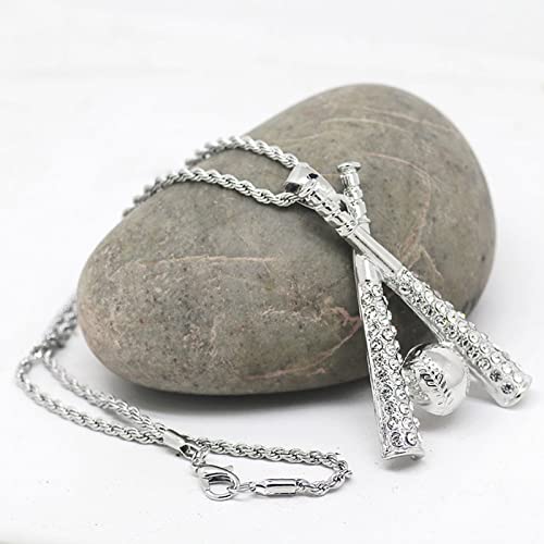 Baseball Necklace Hip Hop Baseball Pendant Baseball Bat Cross Stainless Steel Pendant Necklace Sports Jewelry Sports Necklace Rhinestone Baseball Necklace for Men and Women (Silver)4