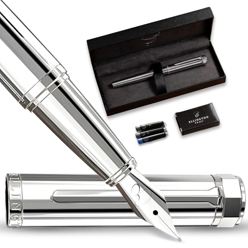 Ellington Pens Luxury Fountain Pen Set - Smooth Medium Nib- Includes 3 Ink Cartridges, Refillable Ink Converter, Gift Box- Fountain Pens For Writing, Calligraphy, Journaling, Sketching (Silver Sonata)