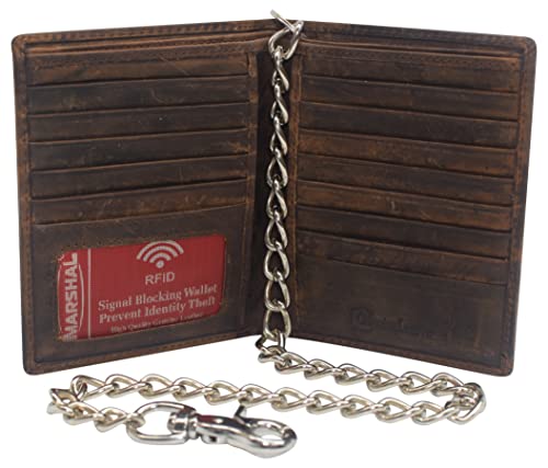 MARSHAL Vintage Leather RFID Blocking Hipster Bifold Biker Long Chain Men's Wallet (Brown With 15inch Nickle Chain)
