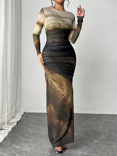 Image of LIGHT DOT Women's Printed Bodycon Maxi Dress Long Sleeve Tie Dye Mesh Ruched Cocktail Dress